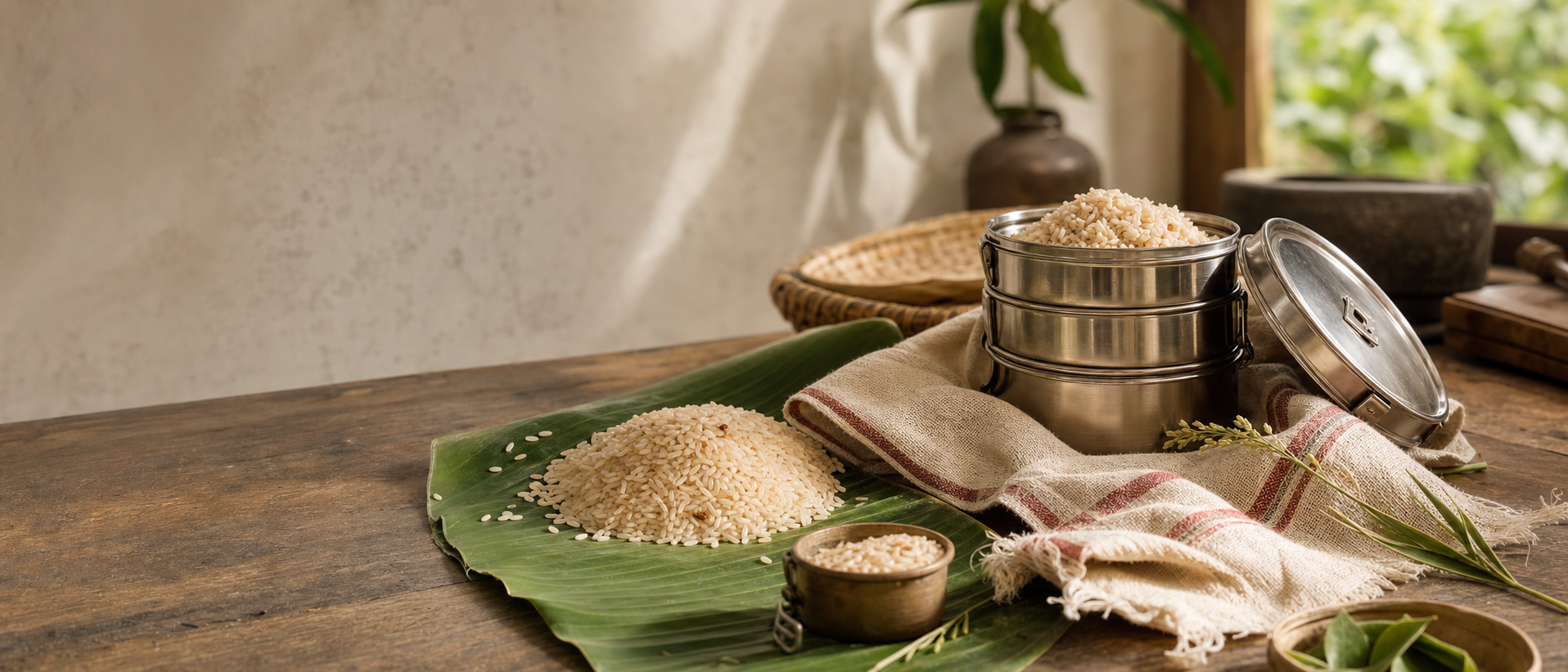 Rice grains beside a stainless steel dabba on a warm kitchen table
